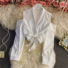 Nomikuma V-neck Strapless Long Sleeve Blouse Tops Women Spring Short Blusas Korean Bow Bandage Sweet Fashion Shirt 6F136 210427