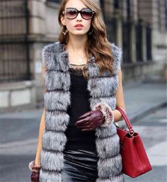 Long Faux Fur Vest Elegant Solid Colour Zipper Sleeveless Warm Fashion Autumn Winter Coat Women Fur Vest 211213