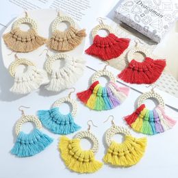 Rainbow Tassel Earring Bohemian Handmade Wooden Rattan Cotton Thread Fringed Dangle Earrings Statement Jewelry Female