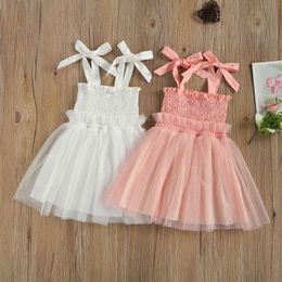 Baby Camisole Dress with Mesh Stitching Cute Bow Decoration Sweet Princess Summer Clothing Q0716