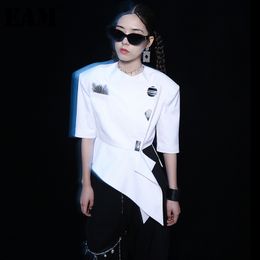 [EAM] Women White Pattern Feather Irregular Blazer V-collar Long Sleeve Loose Fit Jacket Fashion Spring Autumn 1DD8461 21512