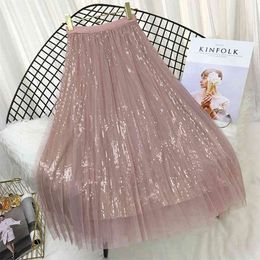 Spring Summer Skirts Women Korea Long Tulle Skirt Sequined Pleated A Line Midi Skirt Chic High Waist Skirt Female 210426