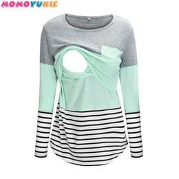 vetement femme Women Maternity pregnant tops and blouses Fall Winter Long Sleeve Striped Nursing Tops T-shirt For Breastfeeding 210713