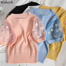 Mesh Puff Sleeve Patch Knitted T-shirt Women Summer Korean Chic Short Thin Knitwear O-neck All Match Casual Tops 210519