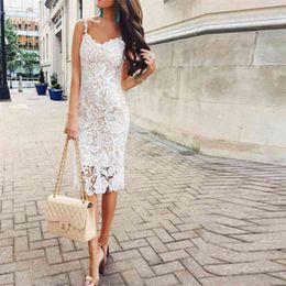 Women Dress Lace Decorated Printed Pencil Sleeveless Hollow Out High Waist V-Neck Elegant Spaghetti Strap Stylish Clothing 210522