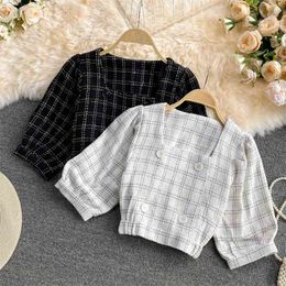 Elegant Casual Short Plaid Shirt Top Mujer Summer Korean Vintage Blusas Double Breasted Puff Sleeve Blouse Women 210514