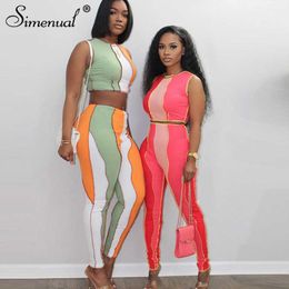 Simenual Patchwork Ribbed Sporty Matching Set Women Sleeveless Tank Top And Pants 2 Piece Outfits Casual Street Style 2021 Sets Y0625