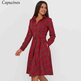 Capucines Vintage Scottish Plaid Shirt Dress Women Autumn Long Sleeve Turn-down Collar Belt Button A line Casual Dresses Vestido 210322