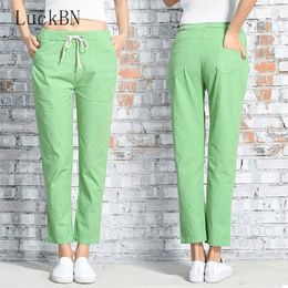 Cotton Linen Sweat Pants Casual Summer Spring Women's Pants Plus Size Ankle Length Wide Leg Pants Straight Solid Trousers 210319