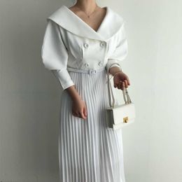 Spring Elegant Double Breasted Dress Women High Waist Puff Sleeve Femme Vestidos White Loose Korea Pleated Robe 210510