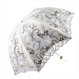 New folding umbrella embroidered lace double-layer vinyl three-fold anti-ultraviolet sun sunny umbrella