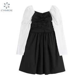 Summer Mini Party Dress Women Puff Sleeve patchwork es Korean Style Elegant Vintage Robe Vestidos De Festa Lady 210515