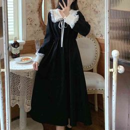 Vintage Dress Women Sweet Lace Peter Pan Collar French Elegant Long Sleeve Lace-Up Fairy One Piece Dress Korean 2021 Spring Chic 210322