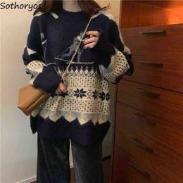 Pullovers Women Jacquard Knitted Cartoon Vintage O-neck Sweaters Oversized Loose Girls Leisure High Quality All-match Jumper Ins Y1110