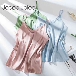 Jocoo Jolee Women Casual Halter V Neck Cami Spaghetti Strap Top Women Sleeveless Satin Silk Tanks Female Plus Size Camisole 210518