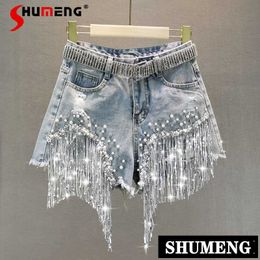 Female Denim Shorts Summer High Waist Slimming Heavy Beaded Sequin Fringed Ripped Wide Leg Pants Jeans Shorts 210616