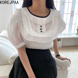 Korejpaa Women Shirt Summer Korean Temperament Gentle Round Neck Trim Contrast Organ Pleated Design Puff Sleeve Blouses 210526