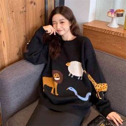 Girl Retro Jacquard Sweater Women Round Neck Cartoon Animal Long Sleeve Loose Pullover Knitted Female Spring 210427