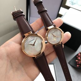 Fashion Women Men Brown Leather watches Stainless Steel Quartz Watch For Couples Geometric Mother of pearl Clock 27mm 37mm