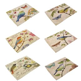 Set of 6 Vintage Style Painting Birds&Trees Pattern Dining Table Mats Cotton Linen Placemats Heat-insulating Kitchen Accessories 210817