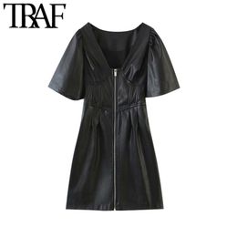 Women Chic Fashion Faux Leather Zip-up Mini Dress Vintage V Neck Puff Sleeve Female Dresses Vestidos Mujer 210507