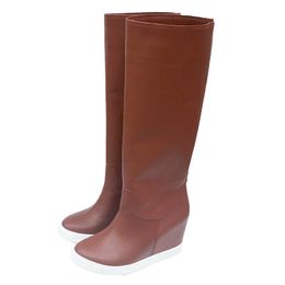 Boots 8cm Height Increasing Genuine Leather Hidden Heel Bottines Pleated Winter Snow Over The Knee Brown Platform Gothic Shoes