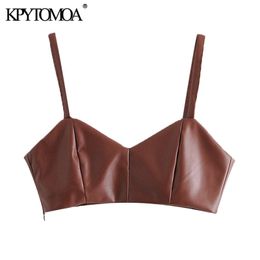 KPYTOMOA Women Sexy Fashion Faux Leather Cropped Tank Top Vintage Backless Side Zipper Thin Straps Female Camis Chic Tops 210625