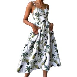 Sexy V Neck Backless Floral Summer Beach Dress Women White Boho Striped Button Sunflower Daisy Pineapple Party Midi Dresses 210325
