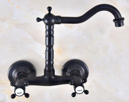wall mounted basins Canada - Bathroom Sink Faucets Black Oil Rubbed Antique Brass Kitchen Basin Faucet Mixer Tap Swivel Spout Wall Mounted Dual Cross Handles Mnf459