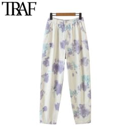 Women Chic Fashion Tie-dye Print Side Pockets Pants Vintage High Waist Zipper Fly Female Ankle Trousers Mujer 210507