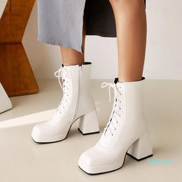 Boots Fashion Thick-Heeled Waterproof Platform Square Toe Women's Tapered Heel Cross-Lace Side Zipper Mid-Tube