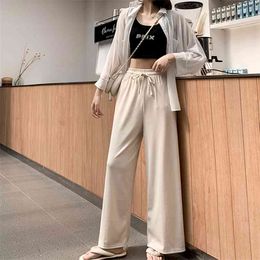 Lace-up Pants Women Elastic Waist Summer Wide Leg Straight Trouser Female Ankle-length Solid Ice High 210601