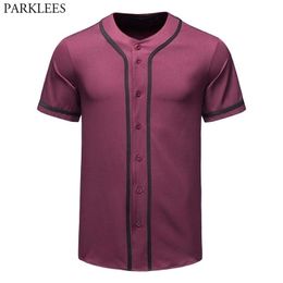 Mens Button Down Baseball Jersey Hip Hop Swag Streetwear Tee Shirt Homme Short Sleeve Team Uniform Baseball T Shirt Wine Red 210522