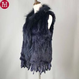 Spring Autumn Women Real Rabbit Fur Vests 100% Real Rabbit Fur Knitted Gilet with tassels Real Raccoon Fur Collar coat T191118