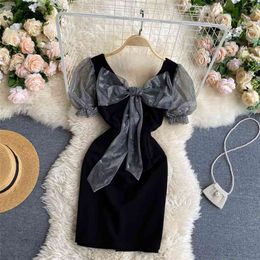 Women Fashion Sexy Retro Mesh Stitching Mini Package Hip Dress V Neck Bow Short Sleeve High Waist Thin Vestidos R434 210527