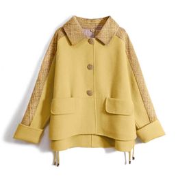 PERHAPS U Women Yellow Coat Plaid Patchwork Turn Down Collar Button Pocket Loose Coat Winter Hit Color C0401 210529