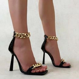 Sandals Square Toe Women Summer Sexy Thin High Heels Back Zip Open Toes Metal Chains Decor Pumps Party Shoes