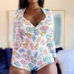 S-3XL Diamond Print V-neck Long Sleeve Short Jumpsuits Spring Nightwear Party Onesies White Plus Size Bodycon Playsuit OMSJ 210517