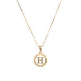Gold Initial Shell Necklace for Women Girls Stainless Steel Personalized Letter 26 Alphabet A to Z Round Pendant Initial Necklaces White