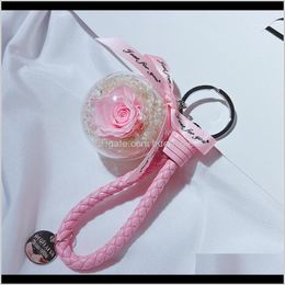 Keychains Fashion Aessories Drop Delivery 2021 Romantic Creative Natural Eternal Rose Flower Keychain Women Girl Pu Leather Braided Rope Key
