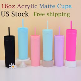 Local Warehouse 16oz Acrylic Matte Tumblers Coloured Straight Tumbler Lids Straw Double Wall Plastic double-walled vacuum insulated portable Travel Water Bottles