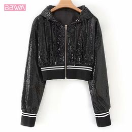 Black silver Women's jacket autumn sunscreen sports hooded jacket sequins pink zipper sweet long sleeve short coat female 210507