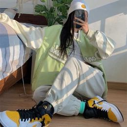 Letter Green Baseball Jacket Women's Spring and Autumn Loose Korean American Streetwear Top Oversized 211014