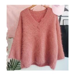 Women's Sweaters Hooded Loose V-neck Trumpet Sleeves Split Ends Wild Long-haired Mink Wool Sweater Women Long