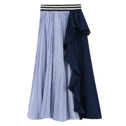 Navy Blue Black Striped Pleated Patchwork Ruffle Elastic Waist Maxi Skirt A-line Empire Casual S0251 210514
