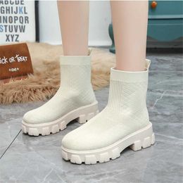 Women Knit Boots Ladies Slip-On Shoes Thick Bottom Female Casual Mid-Calf Boot Autumn Height Increasing Shoe Zapatos De Mujer Y0910