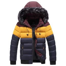 Varsanol Winter Mens Puffer Jacket Striped Thick Hooded Jacket Coat Fur Collar Men Parkas Jacket Clothing Cotton Warm Oversized 210601