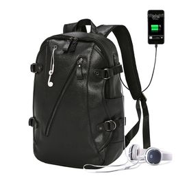 mens black leather waterproof usb charging travel laptop computer anti theft backpack bags for man