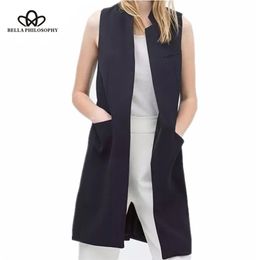 Bella blazer casual women vest waistcoat long suit female jacket coat black pockets office lady 211006