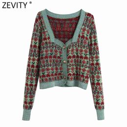 Zevity Women Vintage Color Matching Patchwork Printing Knitting Sweater Female Long Sleeve Chic Cardigans Retro Kimono Tops S549 210812